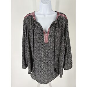 Boho Chevron Print Peasant Top | Black & White Embroidered Tassel Blouse